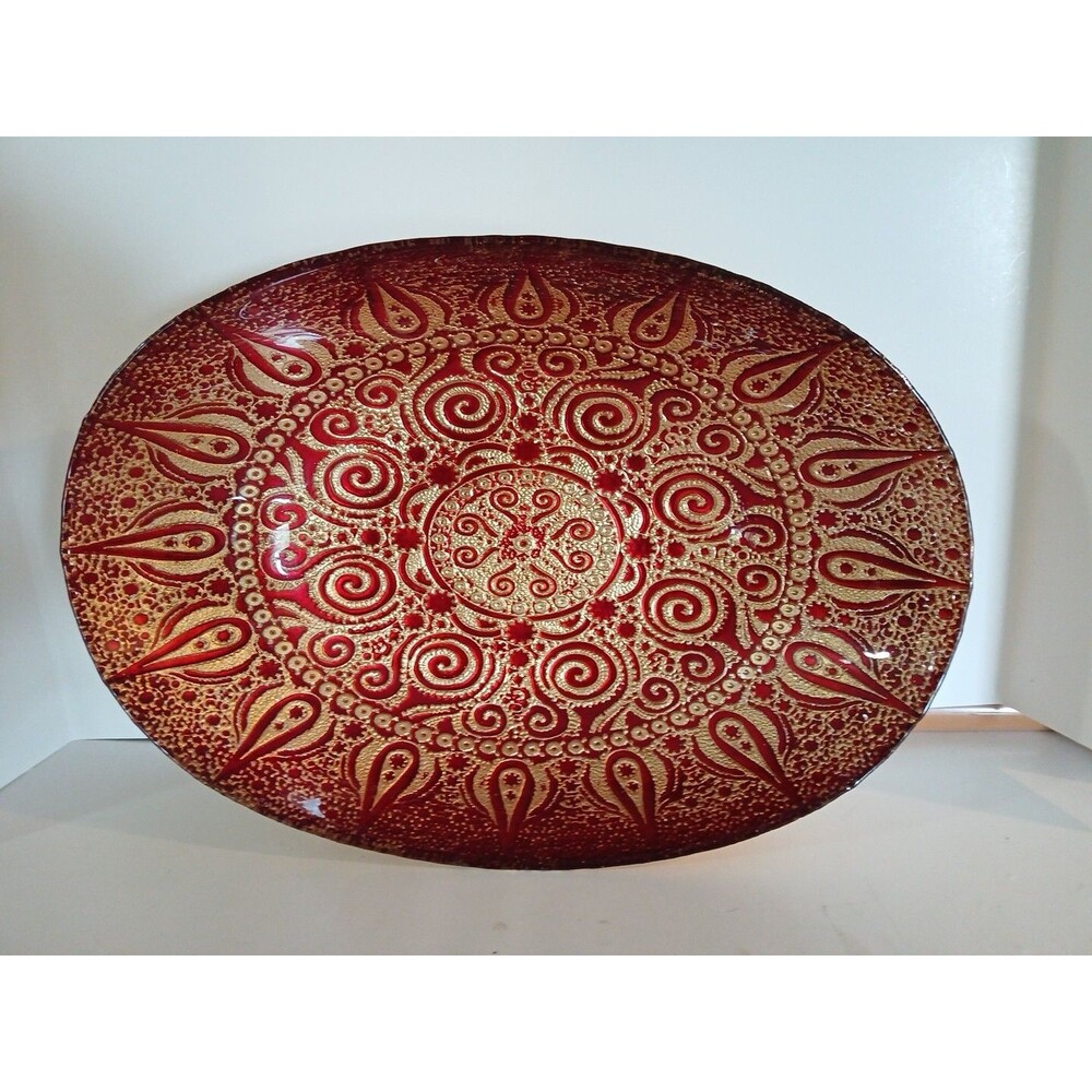 Vintage Red And Gold 14.5'in Moroccan Style Glass Bowl/ Oval Shaped/  Bohemian